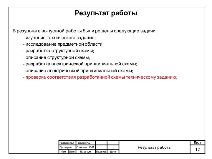 Результат работыВ результате выпускной работы были решены следующие задачи:	- изучение технического задания;	-