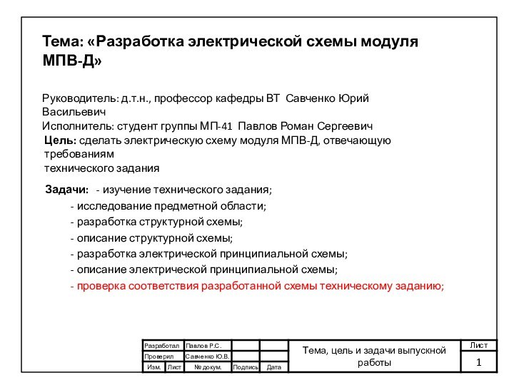 Тема: «Разработка электрической схемы модуля МПВ-Д»Руководитель: д.т.н., профессор кафедры ВТ Савченко Юрий