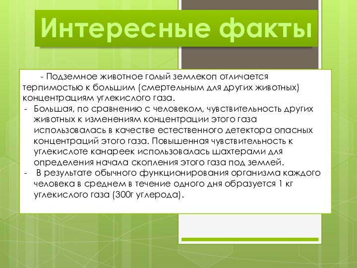 Интересные факты	- Подземное животное голый землекоп отличается терпимостью к большим (смертельным для