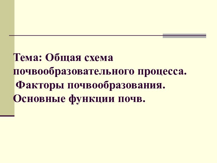 Тема: Общая схема почвообразовательного процесса.  Факторы почвообразования. Основные функции почв.