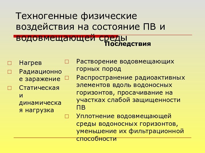 Техногенные физические воздействия на состояние ПВ и водовмещающей средыНагревРадиационное заражениеСтатическая и динамическая