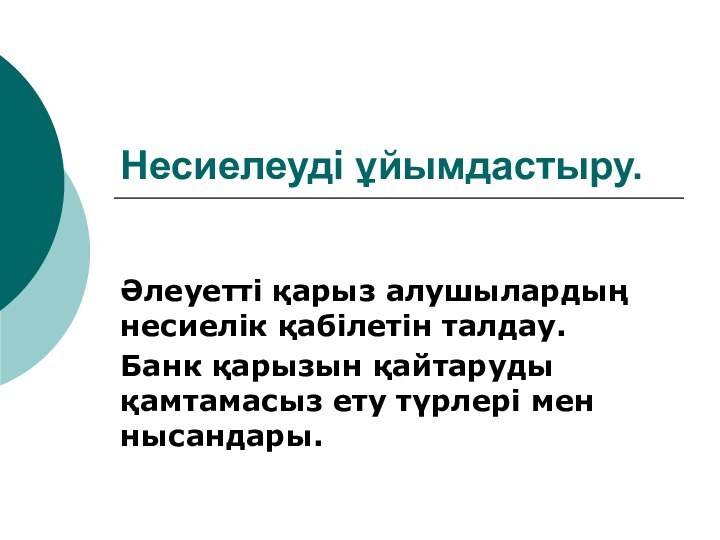 Несиелеуді ұйымдастыру. Әлеуетті қарыз алушылардың несиелік қабілетін талдау. Банк қарызын қайтаруды қамтамасыз ету түрлері мен нысандары.