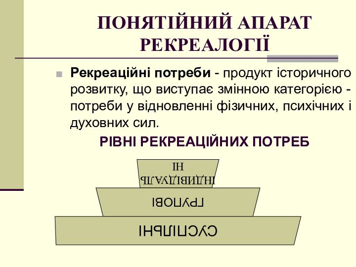 ПОНЯТІЙНИЙ АПАРАТ РЕКРЕАЛОГІЇ Рекреаційні потреби - продукт історичного розвитку, що виступає змінною