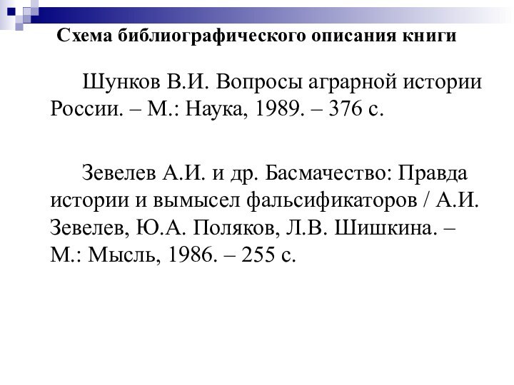 Схема библиографического описания книги		Шунков В.И. Вопросы аграрной истории России. – М.: Наука,