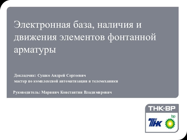 Электронная база, наличия и движения элементов фонтанной арматуры Докладчик: Сушко Андрей Сергеевич