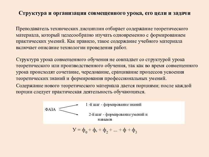 Структура и организация совмещенного урока, его цели и задачиПреподаватель технических дисциплин отбирает