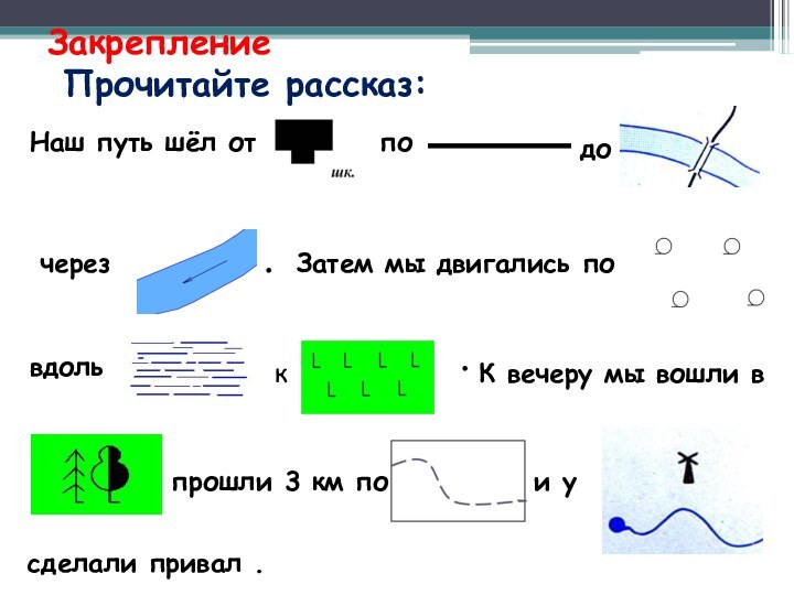 Закрепление  Прочитайте рассказ:Наш путь шёл отподочерез.Затем мы двигались повдольк.К вечеру мы