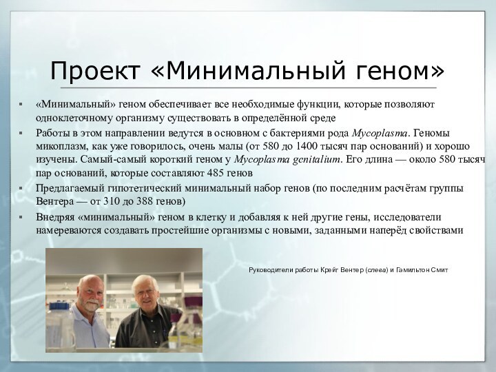 Проект «Минимальный геном»«Минимальный» геном обеспечивает все необходимые функции, которые позволяют одноклеточному организму