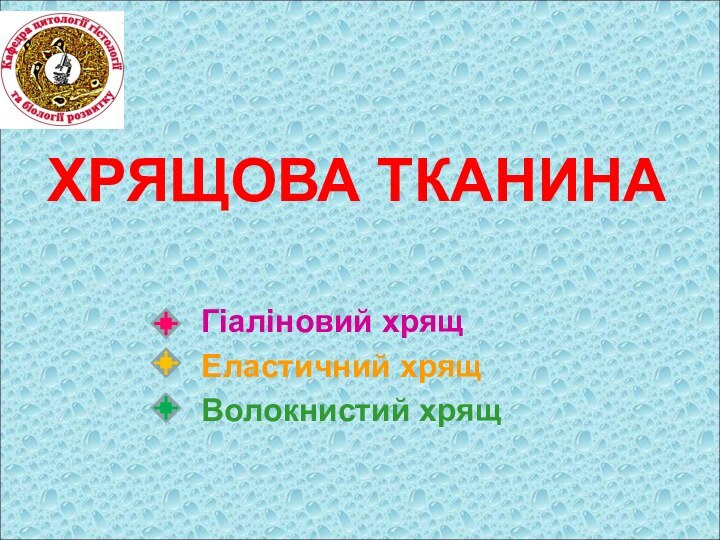 ХРЯЩОВА ТКАНИНА Гіаліновий хрящ Еластичний хрящ Волокнистий хрящ