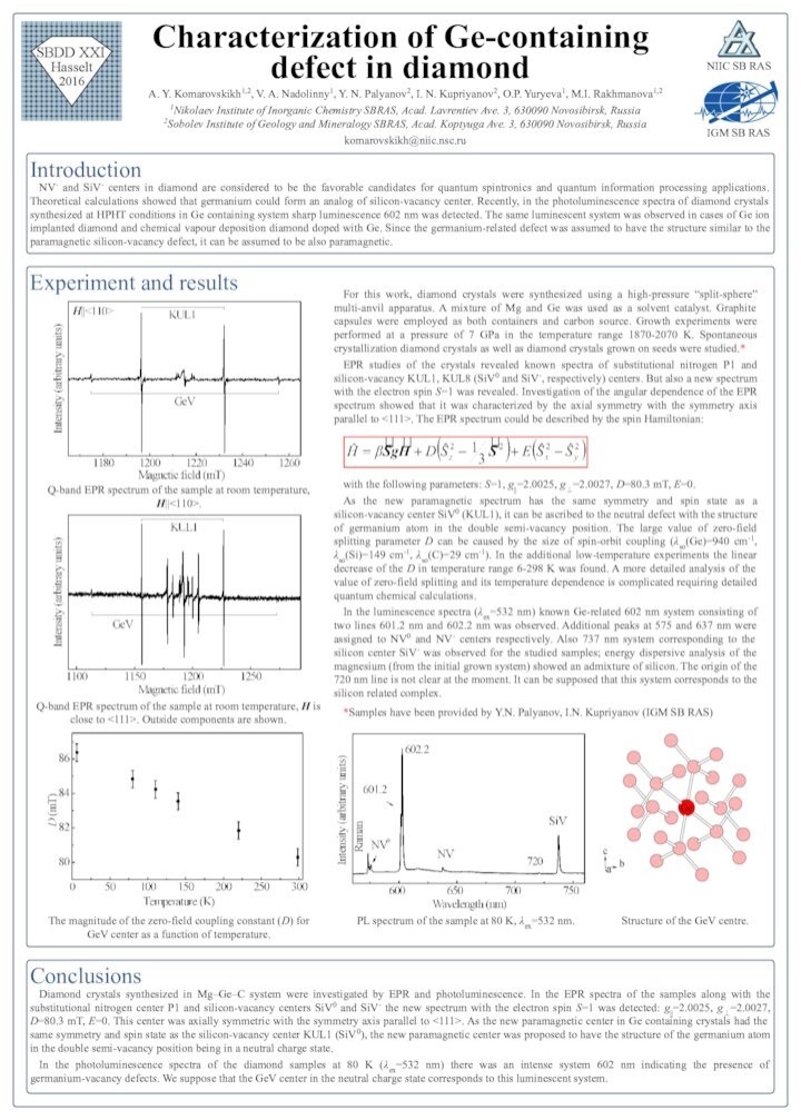 NIIC SB RASIGM SB RASCharacterization of Ge-containing defect in diamondA. Y. Komarovskikh1,2, V. A.