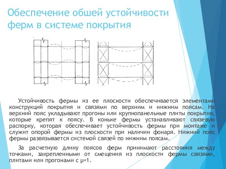 Обеспечение обшей устойчивости ферм в системе покрытияУстойчивость фермы из ее плоскости обеспечивается