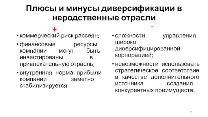 Плюсы и минусы диверсификации в неродственные отрасли сложности управления широко диверсифицированной корпорацией;невозможности