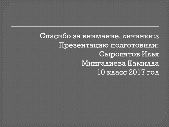 Спасибо за внимание, личинки:з Презентацию подготовили: Сыропятов Илья Мингалиева Камилла10 класс 2017 год