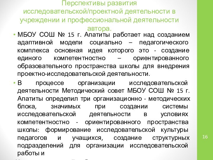 Перспективы развития исследовательской/проектной деятельности в учреждении и профессиональной деятельности автора. МБОУ СОШ