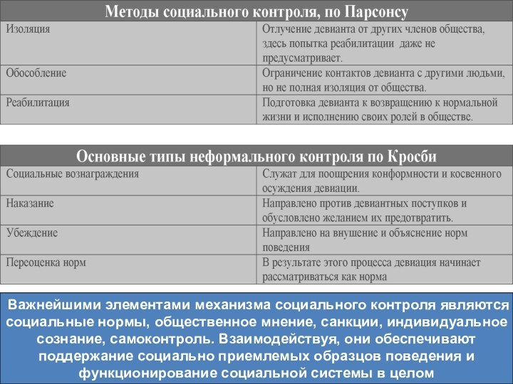 Важнейшими элементами механизма социального контроля являютсясоциальные нормы, общественное мнение, санкции, индивидуальноесознание, самоконтроль.