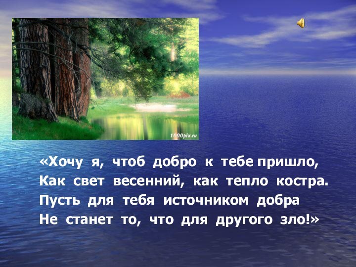 «Хочу я, чтоб добро к тебе пришло,Как свет весенний, как тепло костра.Пусть