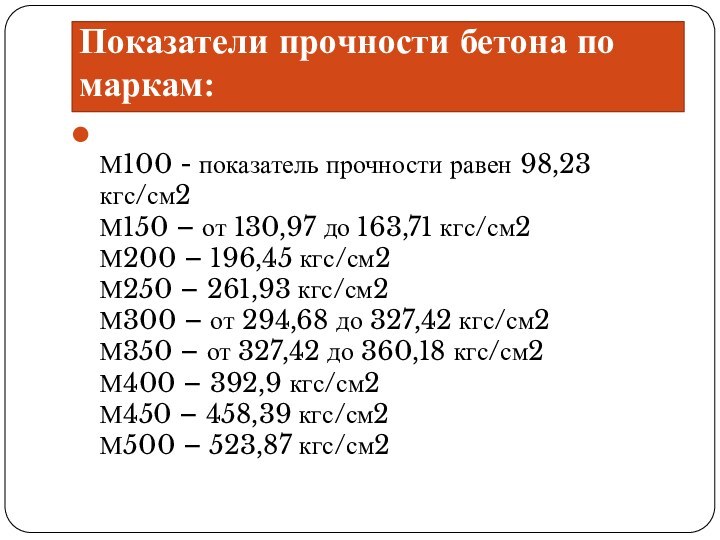 Показатели прочности бетона по маркам: М100 - показатель прочности равен 98,23