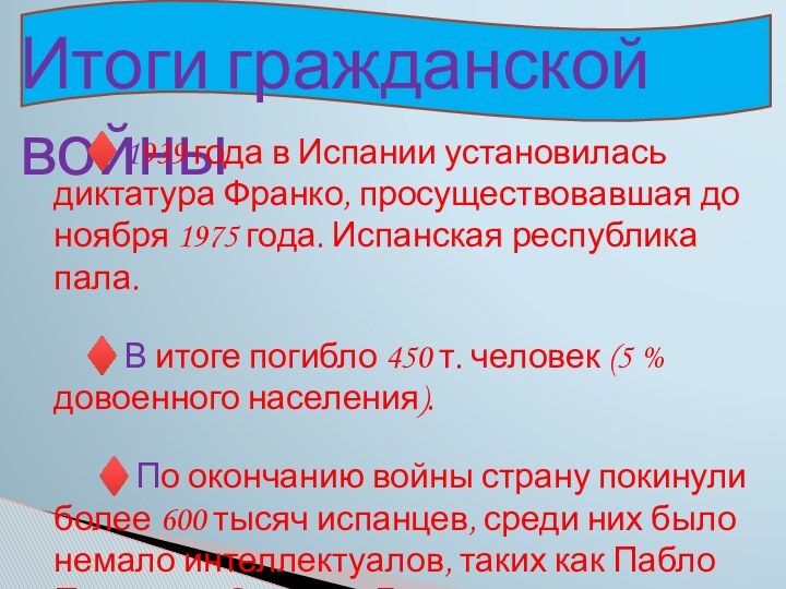 Итоги гражданской войны  ♦1939 года в Испании установилась диктатура Франко, просуществовавшая до