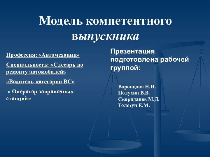 Модель компетентного выпускникаПрофессия: «Автомеханик»Специальность: «Слесарь по ремонту автомобилей»«Водитель категории ВС» « Оператор