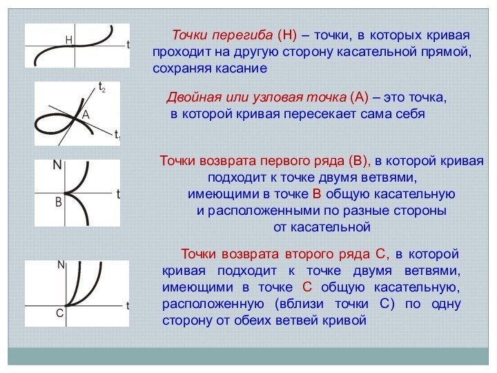 Точки перегиба (Н) – точки, в которых кривая проходит на другую сторону