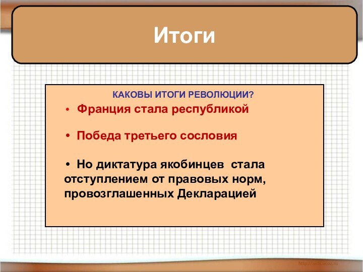 Итоги   Франция стала республикой Победа третьего сословия Но диктатура якобинцев