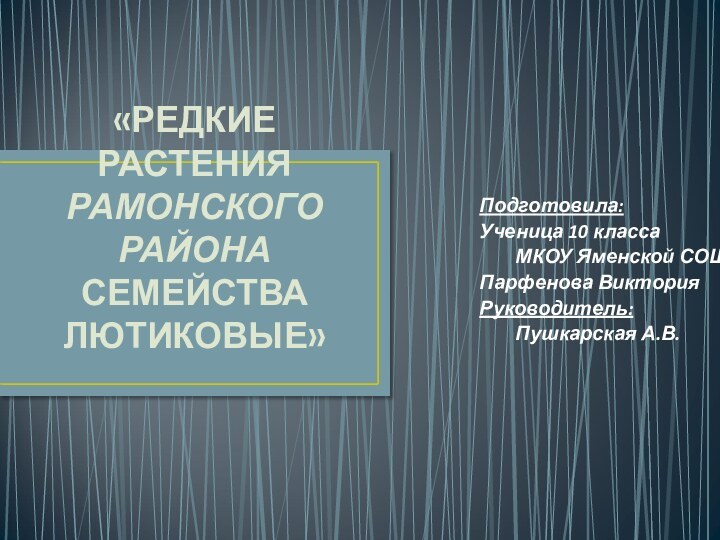 «РЕДКИЕ РАСТЕНИЯ РАМОНСКОГО РАЙОНА СЕМЕЙСТВА ЛЮТИКОВЫЕ»Подготовила: 				Ученица 10 класса			МКОУ Яменской СОШ		Парфенова Виктория		Руководитель: 				Пушкарская А.В.