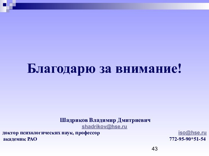 Благодарю за внимание!     Шадриков Владимир Дмитриевич