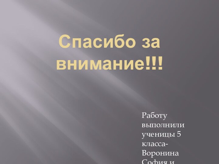 Спасибо за внимание!!!   Работу выполнили ученицы 5 класса- Воронина София и Фролова Дарья.