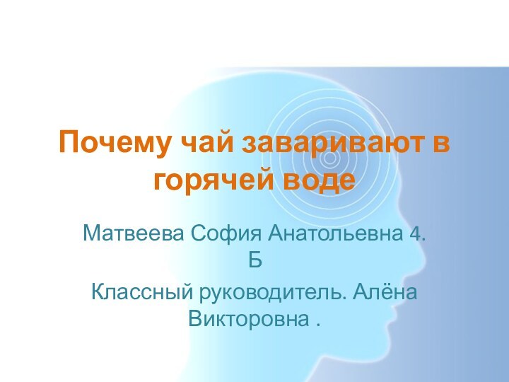 Почему чай заваривают в горячей водеМатвеева София Анатольевна 4.БКлассный руководитель. Алёна Викторовна .