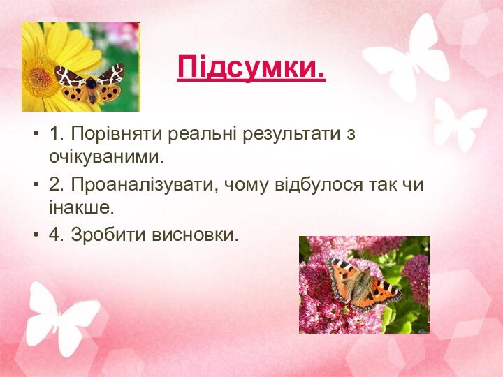 Підсумки.1. Порівняти реальні результати з очікуваними. 2. Проаналізувати, чому відбулося так чи інакше. 4. Зробити висновки.