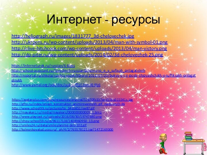 Интернет - ресурсыhttps://avatanplus.com/files/resources/original/57b70fb337aed156a315541c.jpghttp://gfto.ru/index/onlajn_konstruktor_animirovannykh_gif_nadpisej/0-46http://www.school99.ru/pictures/to_3495851/sw87.gif http://mayakarc.ru/media/mayakarc/000000000009_1.bmphttp://www.playcast.ru/uploads/2016/08/30/19747880.pnghttp://chou-school59.ru/d/961171/d/1408960950_13.pnghttp://smiles24.ru/data/smiles/anime-deti-102.gifhttp://kolesnikovalud.ucoz.ru/_ph/4/2/765578121.jpg?1472169300http://heliograph.ru/images/1831777_3d-chelovechek.jpghttp://ukrpens.ru/wp-content/uploads/2013/04/man-with-symbol-01.pnghttp://clive-hitchcock.com/wp-content/uploads/2013/04/man-victory.pnghttp://dp-piter.ru/wp-content/uploads/2014/02/3d-chelovechek-25.pnghttps://interneturok.ru/russian/6-klasshttp://school-assistant.ru/?predmet=russian&theme=o_e_v_sufixah_prilagatelnihhttp://nsportal.ru/shkola/russkiy-yazyk/library/2012/07/20/bukvy-o-i-e-posle-shipyashchikh-v-suffiksakh-prilagatelnykhhttp://www.yamal.org/ook/doc/ook-suff(p).htm#19(p)