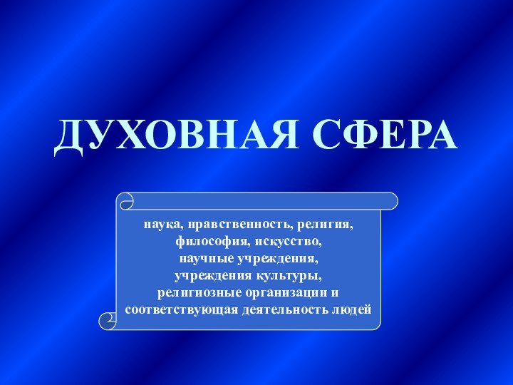 ДУХОВНАЯ СФЕРАнаука, нравственность, религия, философия, искусство, научные учреждения, учреждения культуры, религиозные организации и соответствующая деятельность людей