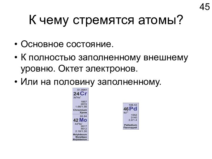 К чему стремятся атомы?Основное состояние.К полностью заполненному внешнему уровню. Октет электронов.Или на половину заполненному.