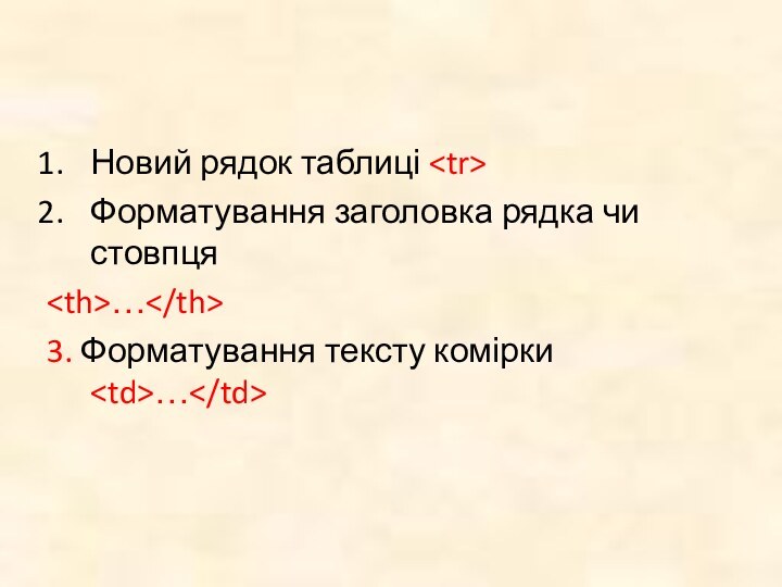 Новий рядок таблиці Форматування заголовка рядка чи стовпця…3. Форматування тексту комірки …