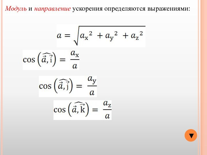 Модуль и направление ускорения определяются выражениями:▼