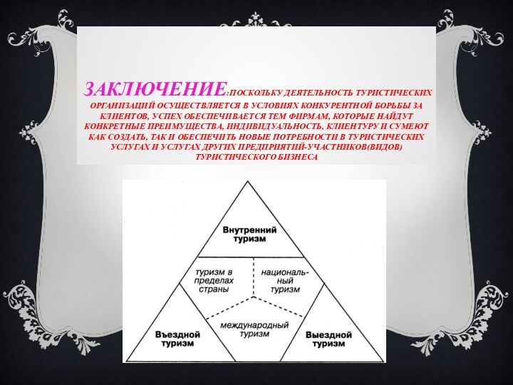 ЗАКЛЮЧЕНИЕ:ПОСКОЛЬКУ ДЕЯТЕЛЬНОСТЬ ТУРИСТИЧЕСКИХ ОРГАНИЗАЦИЙ ОСУЩЕСТВЛЯЕТСЯ В УСЛОВИЯХ КОНКУРЕНТНОЙ БОРЬБЫ ЗА КЛИЕНТОВ, УСПЕХ