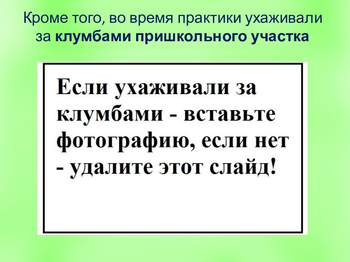 Кроме того, во время практики ухаживали за клумбами пришкольного участка