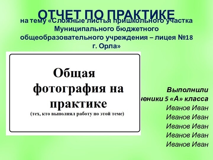 ОТЧЕТ ПО ПРАКТИКЕВыполнили ученики 5 «А» классаИванов ИванИванов ИванИванов ИванИванов ИванИванов Иванна