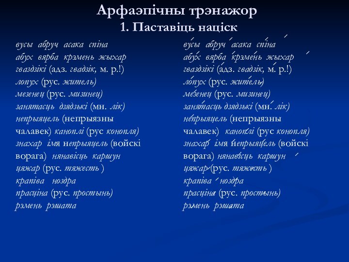 Арфаэпічны трэнажор  1. Паставіць націсквусы абруч асака спіна абух вярба крэмень