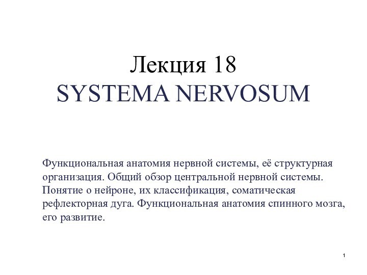 Лекция 18 SYSTEMA NERVOSUM Функциональная анатомия нервной системы, её структурная организация. Общий