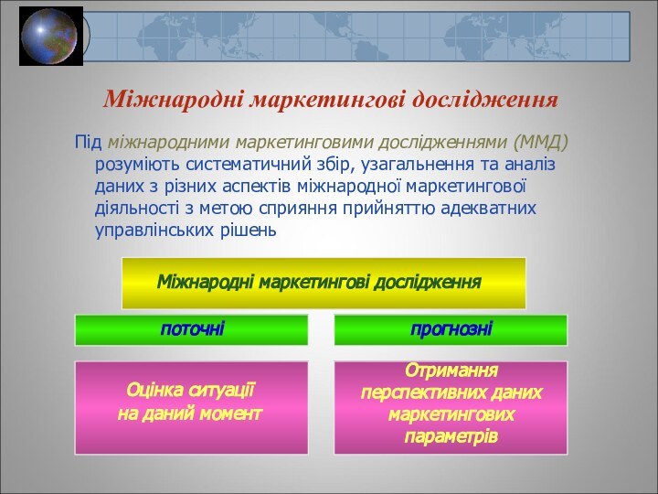 Міжнародні маркетингові дослідженняПід міжнародними маркетинговими дослідженнями (ММД) розуміють систематичний збір, узагальнення та