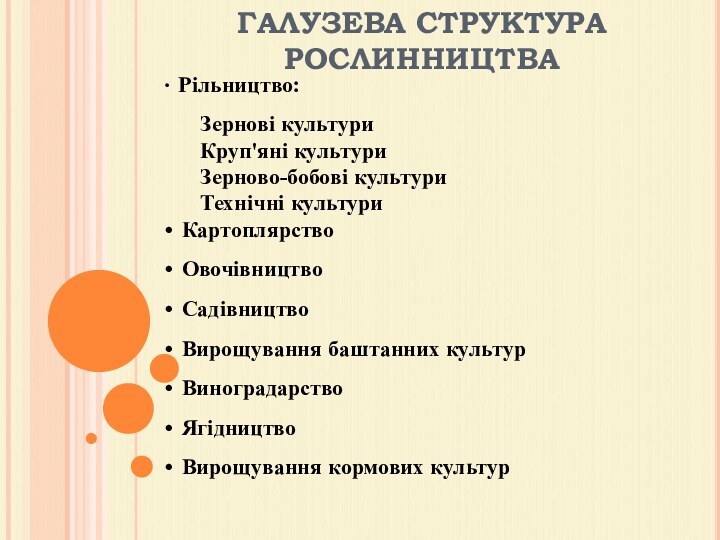 ГАЛУЗЕВА СТРУКТУРА РОСЛИННИЦТВА Рільництво:	Зернові культури 	Круп'яні культури	Зерново-бобові культури	Технічні культури Картоплярство Овочівництво Садівництво