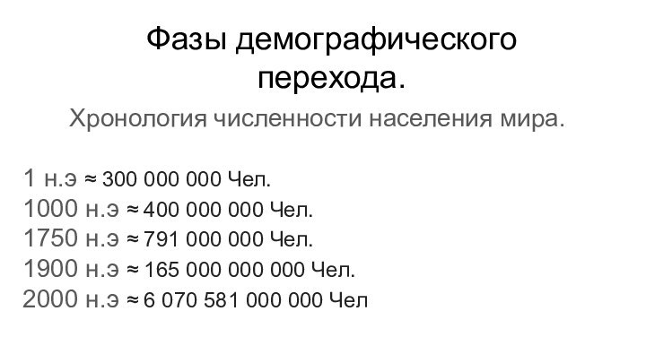 Фазы демографического перехода.Хронология численности населения мира.1 н.э ≈ 300 000 000 Чел.1000