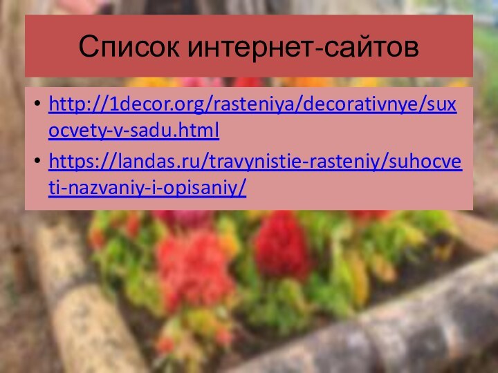 Список интернет-сайтовhttp://1decor.org/rasteniya/decorativnye/suxocvety-v-sadu.htmlhttps://landas.ru/travynistie-rasteniy/suhocveti-nazvaniy-i-opisaniy/