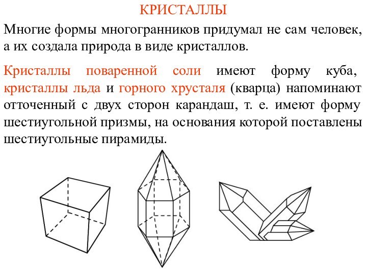 КРИСТАЛЛЫМногие формы многогранников придумал не сам человек, а их создала природа в