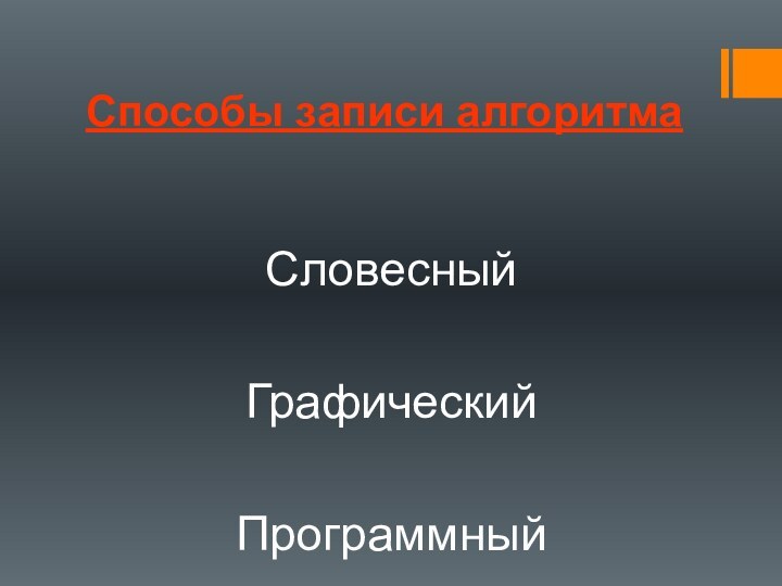 Способы записи алгоритмаСловесныйГрафическийПрограммный