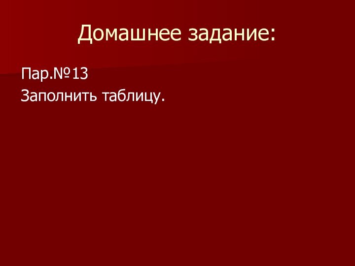 Домашнее задание:Пар.№13Заполнить таблицу.