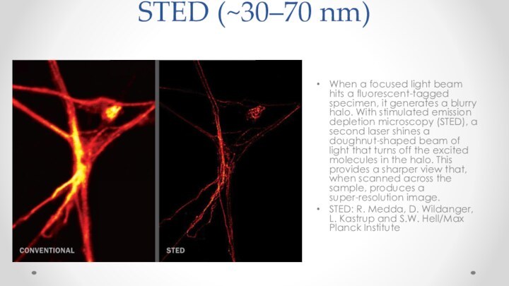 STED (~30–70 nm) When a focused light beam hits a fluorescent-tagged specimen,