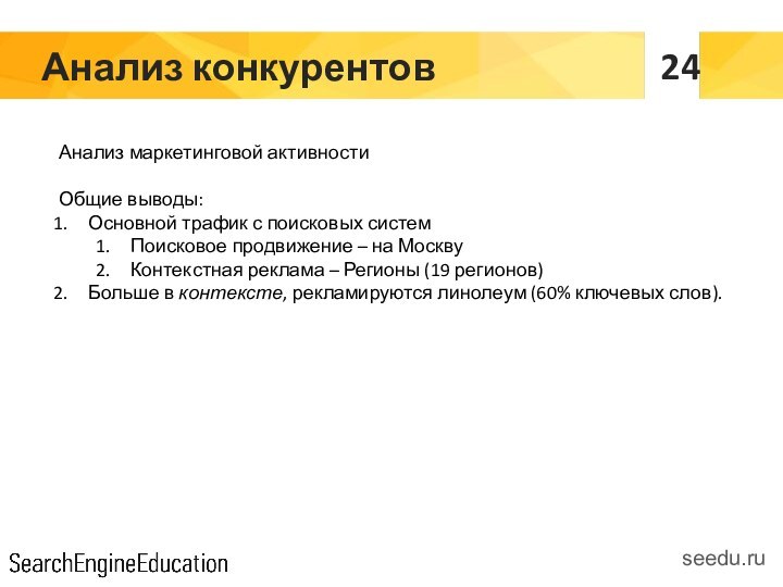 Анализ конкурентовseedu.ruАнализ маркетинговой активностиОбщие выводы:Основной трафик с поисковых системПоисковое продвижение – на