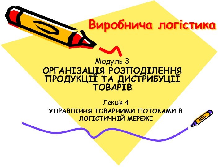 Виробнича логістикаМодуль 3ОРГАНІЗАЦІЯ РОЗПОДІЛЕННЯ ПРОДУКЦІЇ ТА ДИСТРИБУЦІЇ ТОВАРІВ Лекція 4УПРАВЛІННЯ ТОВАРНИМИ ПОТОКАМИ В ЛОГІСТИЧНІЙ МЕРЕЖІ